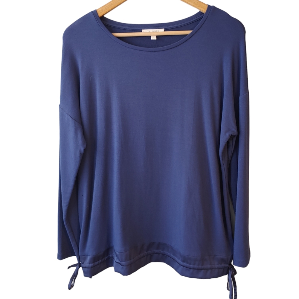 NWT- Talbots Petite Navy Blue Long Sleeve Satin Hem with Bows Shirt Size LP